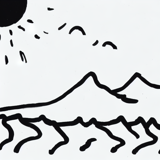 AI image generated of A black and white drawing of a mountain with a sun in the background.